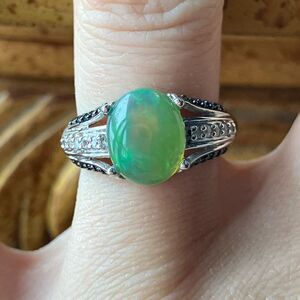 Green Ethiopian Opal Blue Diamond Sterling Silver Ring Size 6
